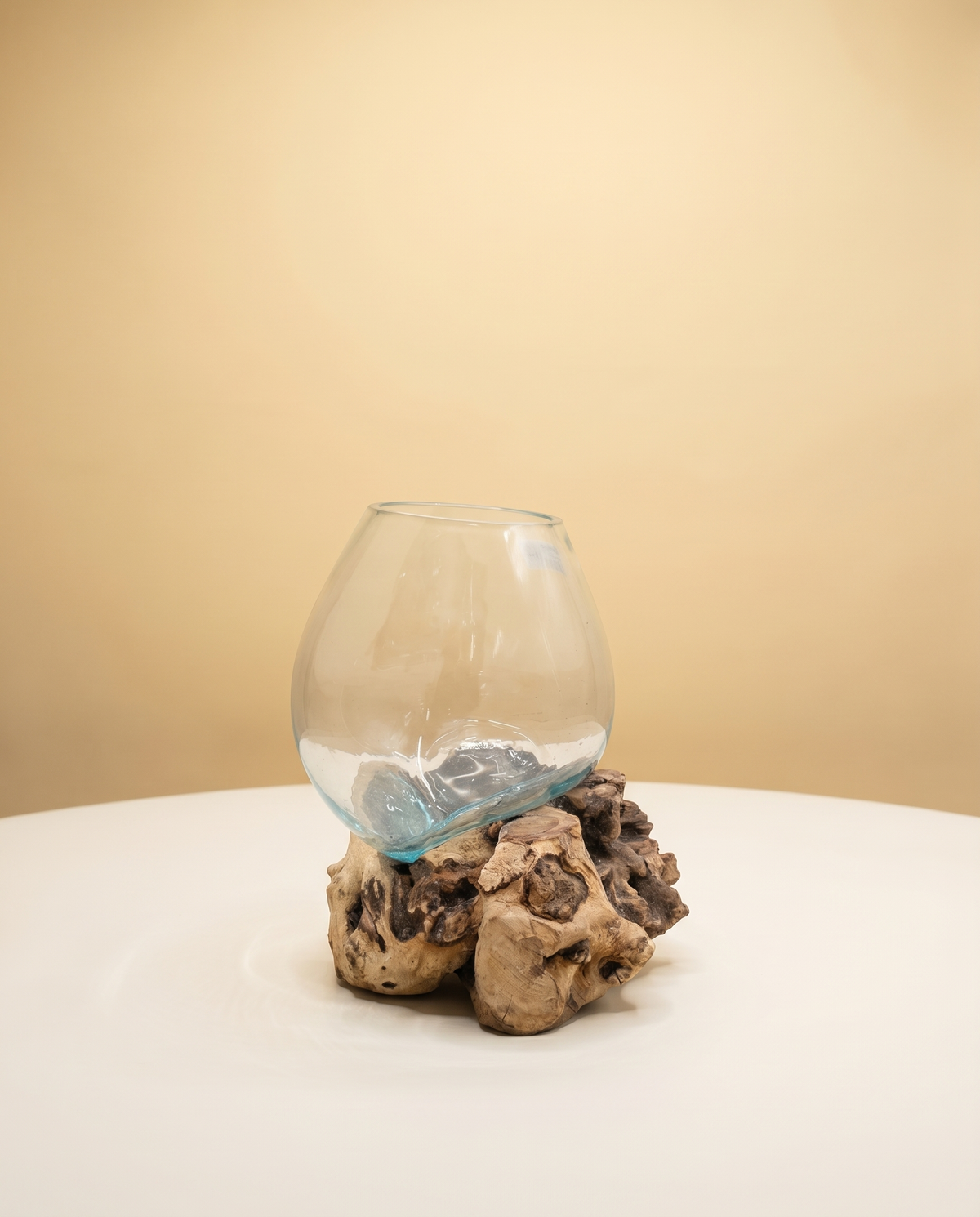 Glass Bowl on Wood | Hand-Blown Teak Root Bowl, 25cm