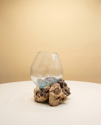 Glass Bowl on Wood | Hand-Blown Teak Root Bowl, 25cm