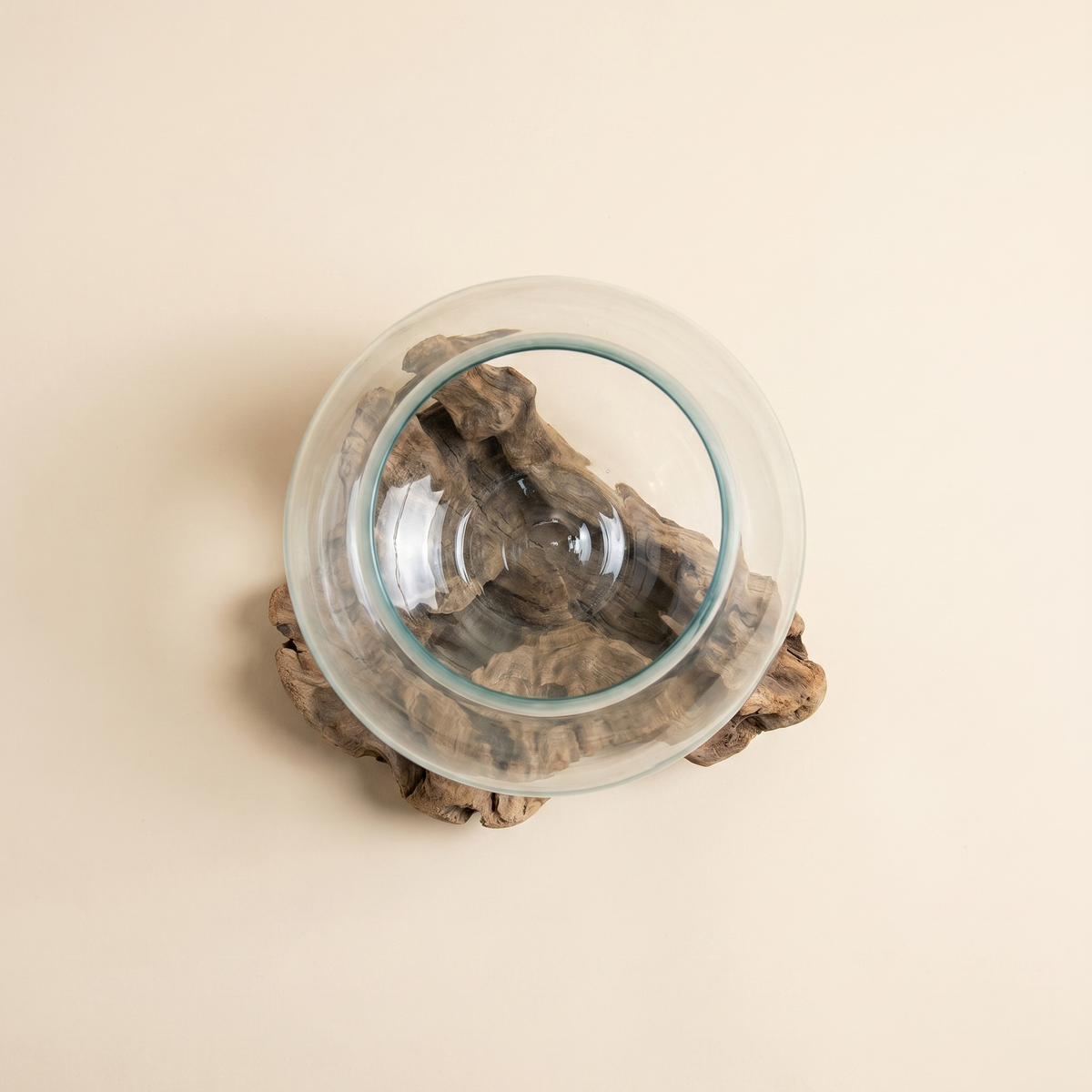 Glass Bowl on Wood | Hand-Blown Teak Root Bowl, 25cm