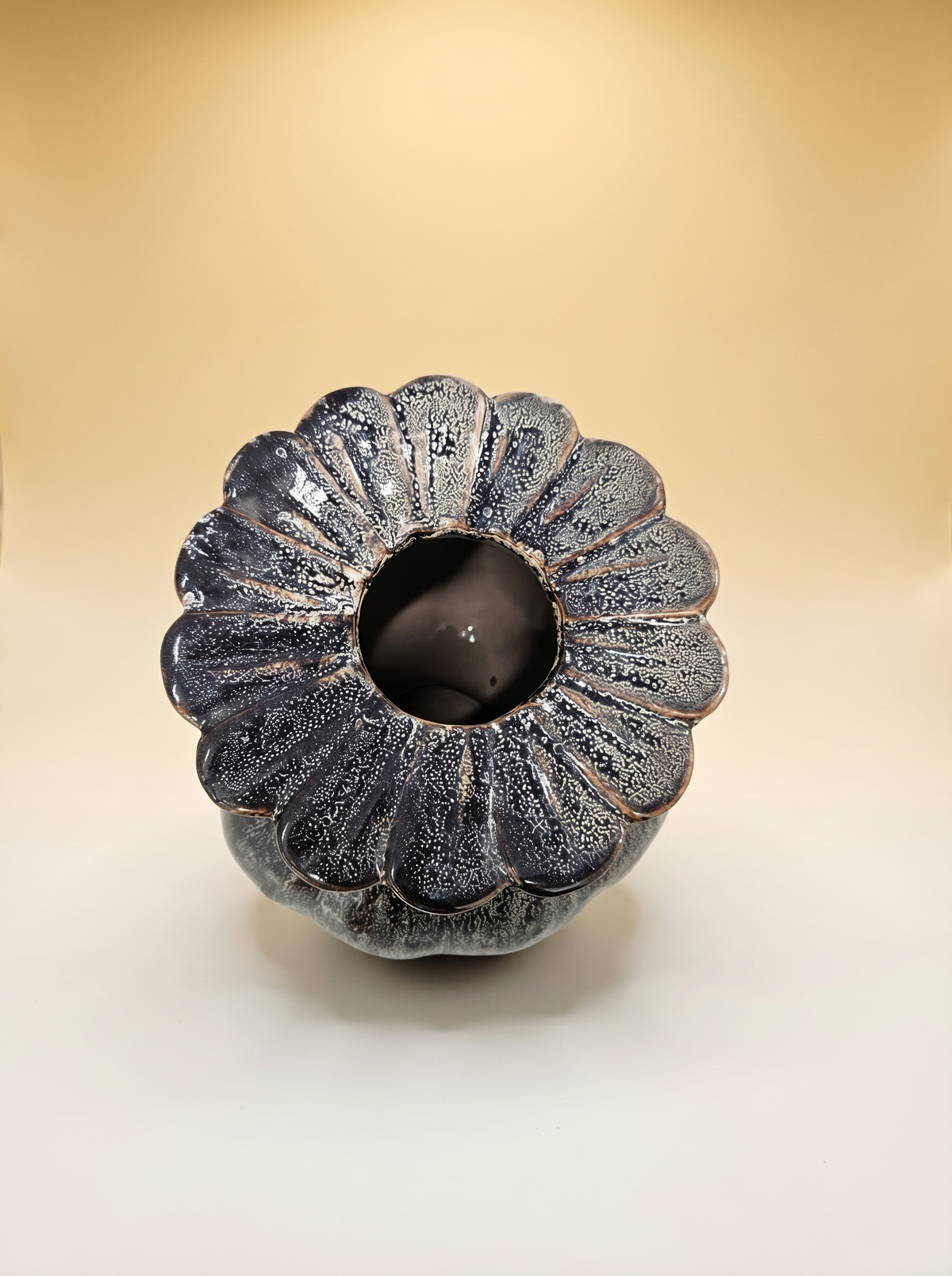 Black Ceramic Vase | Speckled Lava Glaze, Ruffled Rim