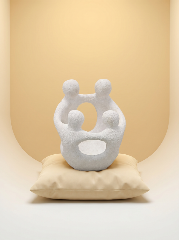 Wit aardewerk familiebeeld Amity — abstract sculptuur van een omarmend gezin van vier