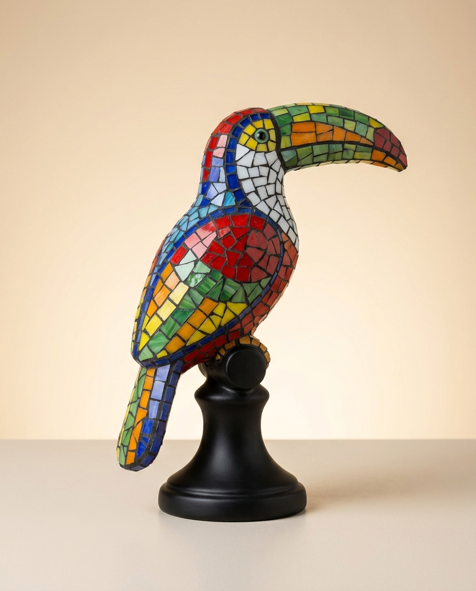 Hand-painted Trencadis mosaic toucan figurine on a black pedestal