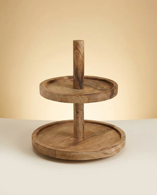 Mangohouten etagère | Serveer- & taartstandaard 2 lagen, 25 × 26 cm