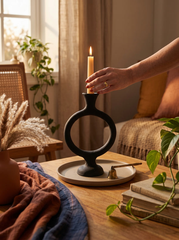 Laydhome Soleil M black sculptural candle holder on a tray with a lit taper candle in a cozy bohemian living room.