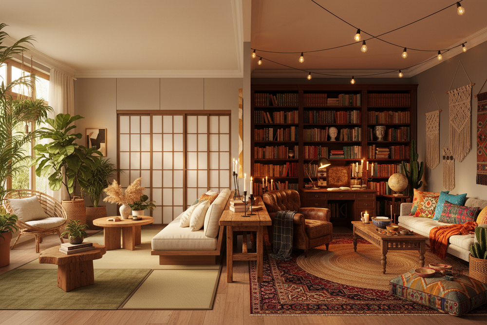 vissuto · una vera casa che mescola i mondi · sedia japandi, libreria dark academia, piante urban jungle · all'altezza dello sguardo, luce naturale